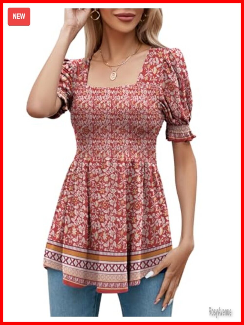 Women's Smocked Square Neck Puff Sleeve Peplum Tunic Top Blouse